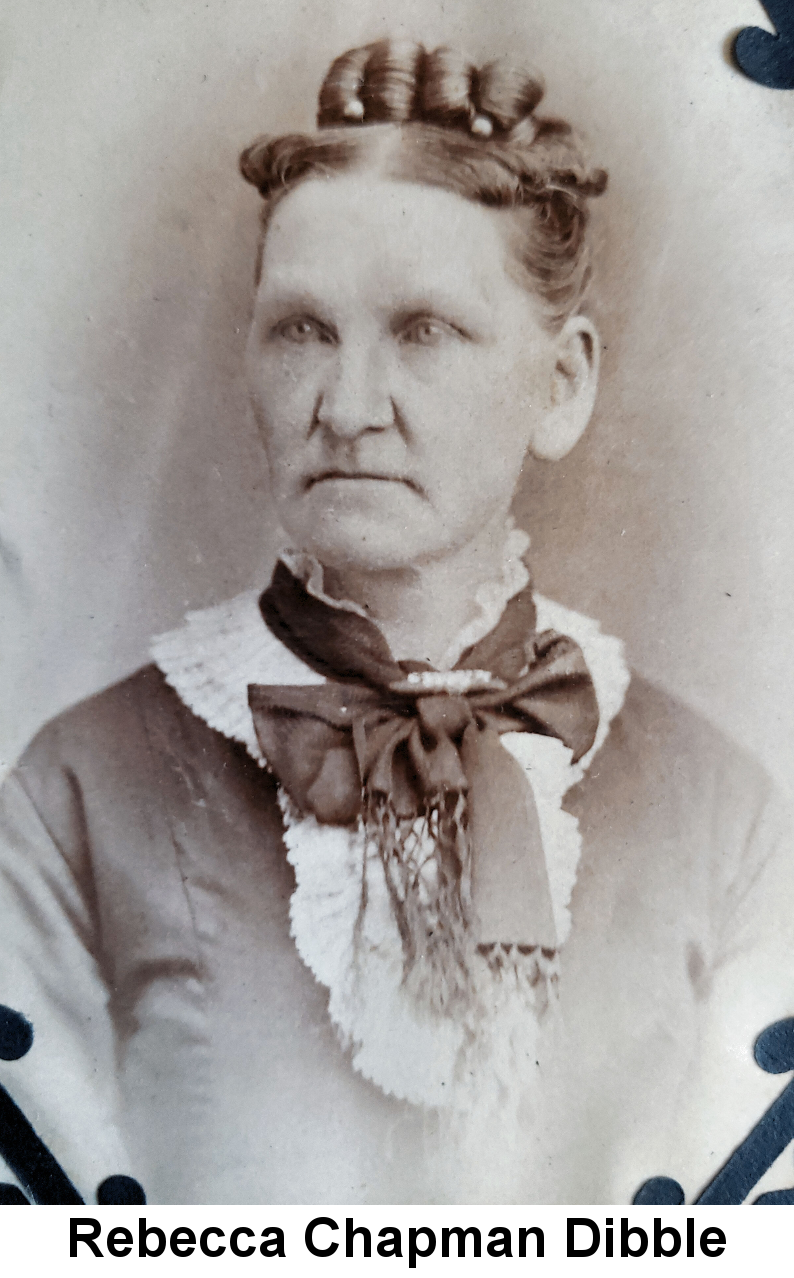 IMAGE/PHOTO: Rebecca Chapman Dibble: Black and white studio portrait photo of a severe-looking thin-faced older woman with an elaborate rolled-curl hairdo and a large dark bow at the neck of her lace-trimmed dress.